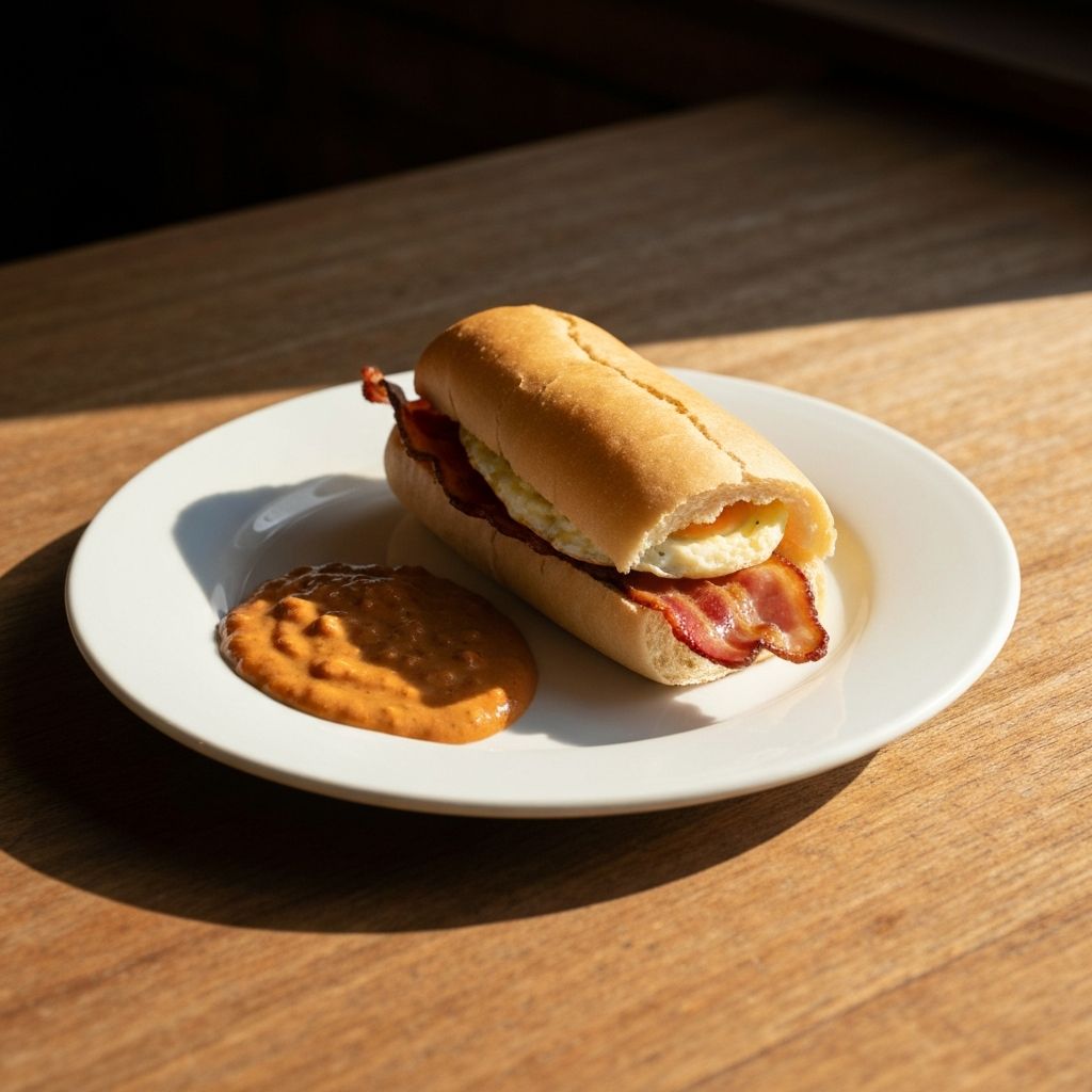 A golden bacon and egg roll on a white plate with sauce