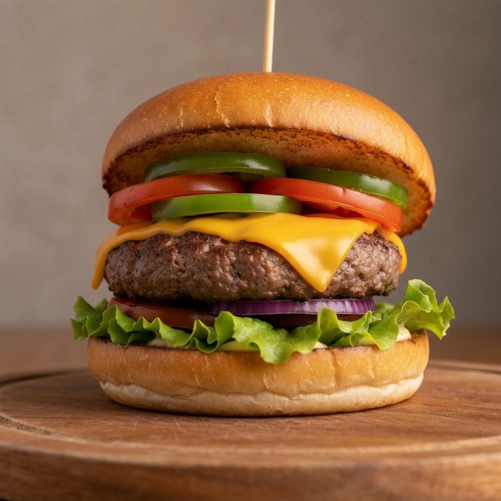 A juicy gourmet burger with fresh vegetables on a wooden board